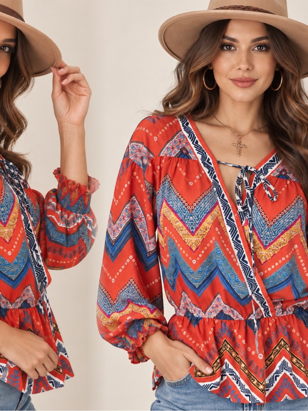 Flying Tomato Red Chevron Tie-Front Peasant Blouse